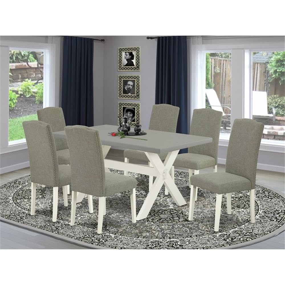 East West Furniture X096En206-7 7 Piece Dining Table Set Consist Of A Rectangle Dining Room Table With X-Legs And 6 Dark Shitake Linen Fabric Upholstered Chairs, 36X60 Inch, Multi-Color